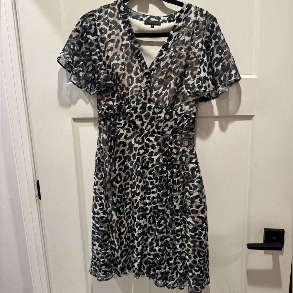 EUC Guess Felicia Flare Mini Dress -Metallic Thread Leopard Print